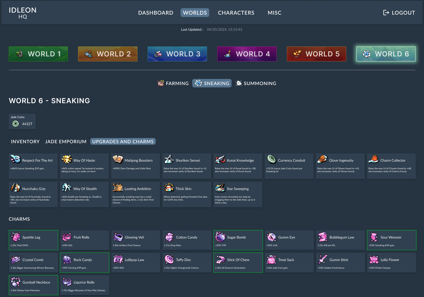 Design frame of the upgrades and charms skill for world 6